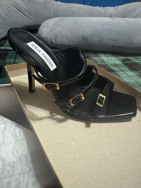 Steve Madden Black Strappy Stiletto Mule with Gold Buckles